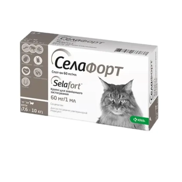 Селафорт Спот-он Краплі від бліх, кліщів і глистів для котів вагою від 7,6 до 10 кг, 60 мг/1 мл, 1 піпетка