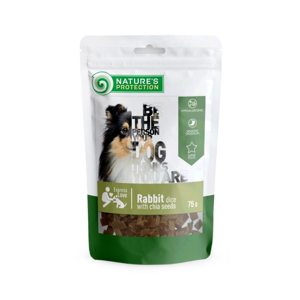 Ласощі для собак, снеки з кролика з насінням Чіа, Nature&#039;s Protection snack for dogs rabbit dices with chia seeds, 75г