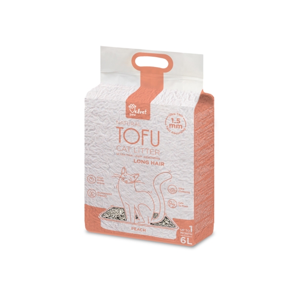 Наполнитель туалетов для длинношерстных котов Velvet Paw TOFU с экстрактом персика, 6л/2,6 кг