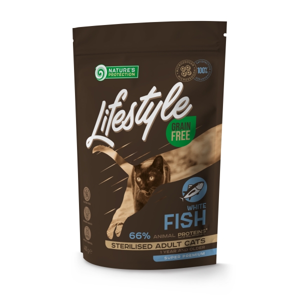 Nature's Protection Lifestyle Sterilised White fish Сухий беззерновий корм для стерилізованих котів з білою рибою, 400 г