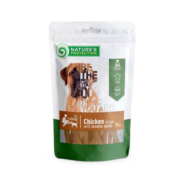Ласощі для собак, смужки з курки з кунжутом, Nature&#039;s Protection snack for dogs chicken strips with sesame, 75г