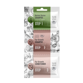 Tauro Pro Line Pure Nature Herbal Detox + Fur Growth sample set 1 x 6 ml, 1 x 8 ml, 1 x 4 ml, dog and cat coat shampoo and conditioner сет пробников