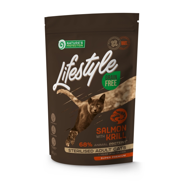 Nature's Protection Lifestyle Sterilised Salmon Сухой беззерновой корм для стерилизованных кошек с лососем, 400 г