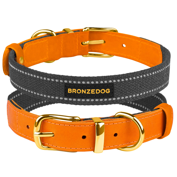 Ошейник для Собак Bronzedog Брезент + Кожа с металлической пряжкой рыжий с графитовым, размер M