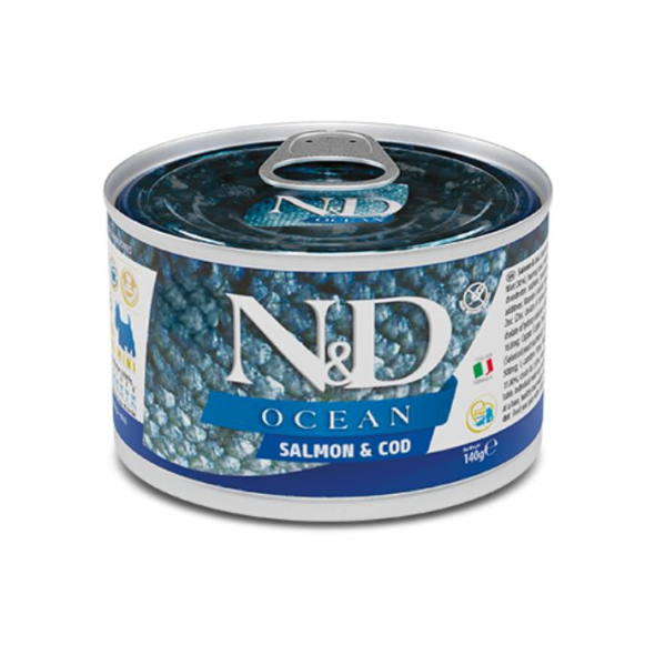 Farmina N&amp;D Ocean GF Salmon &amp; Cod Adult Mini Вологий корм з лососем і тріскою для собак дрібних порід, 140 г