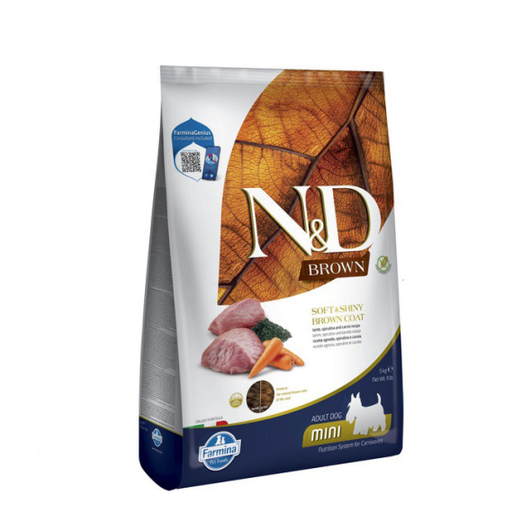 Farmina N&amp;D Brown Lamb Spirulina&amp;Carrot Adult Mini Беззерновий сухий корм з ягням, спіруліною і морквою для собак малих порід з коричневою шерстю, 5 кг