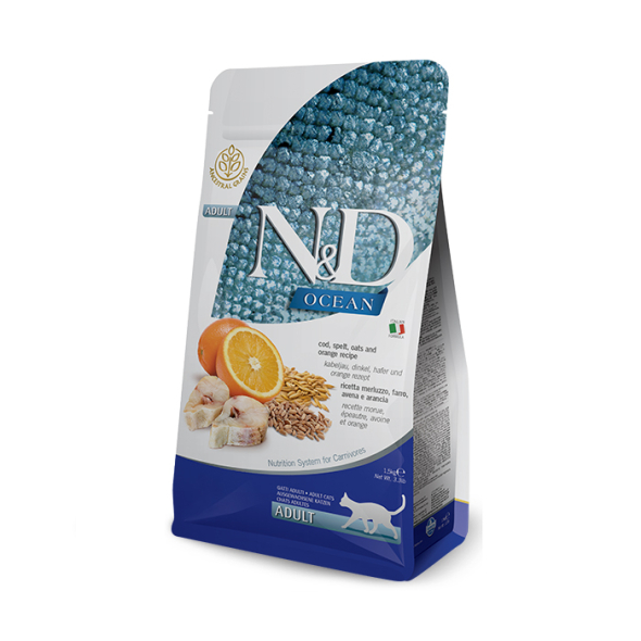 Farmina N&amp;D Ocean Cod Spelt, Oats&amp;Orange Cat Adult Сухий корм з тріскою, спельтою, вівсом і апельсином для котів, 1,5 кг