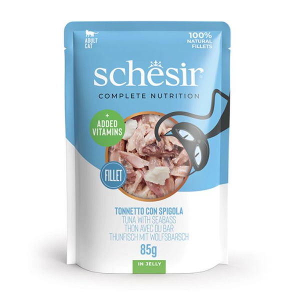 Schesir Tuna with Seabass Влажный корм для кошек тунец с морским окунем в желе пауч, 85 г
