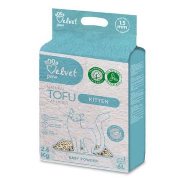 VELVET PAW TOFU наполнитель для котят с эссенцией детской присыпки, гранулы 1.5 мм, 6 л/2,6 кг