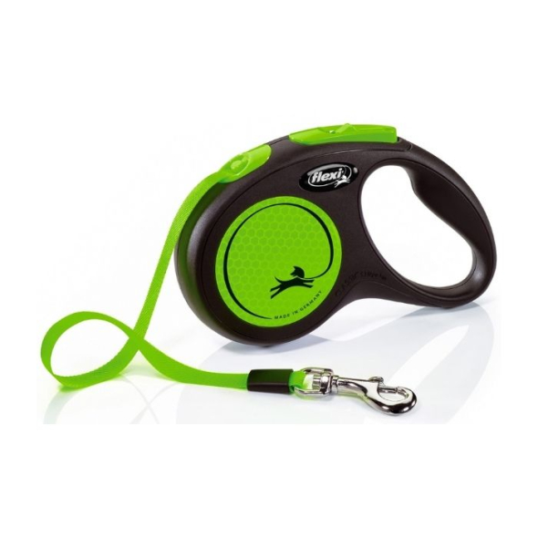 Flexi New Neon S Повідець-рулетка світловідбивна для собак до 15 кг, стрічка, 5 м, зелена
