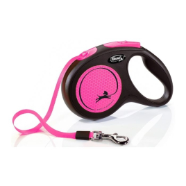 Flexi New Neon M Поводок-рулетка светоотражающая для собак до 25 кг, лента, 5 м, розовая