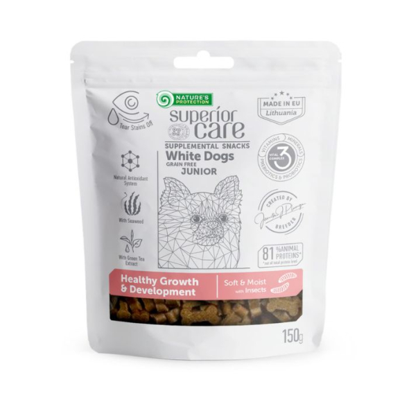 Nature's Protection Superior Care White Dogs Growth and Development Беззерновые лакомства для юниоров с белым окрасом с протеином насекомых, 150 г