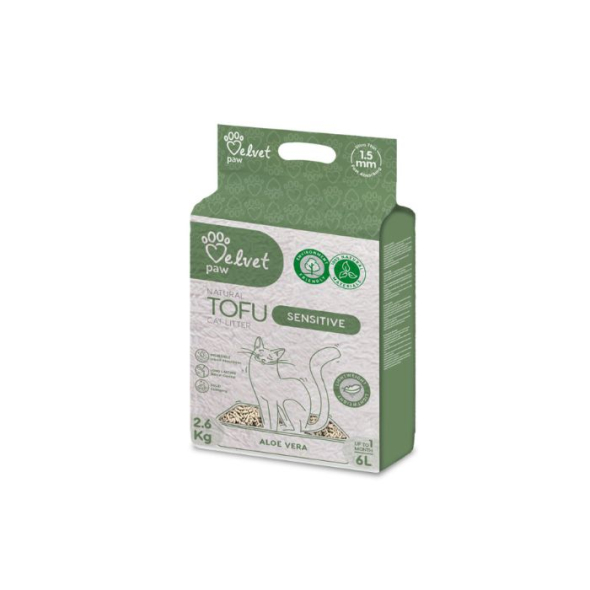 VELVET PAW TOFU Наповнювач для котів з підвищеною чутливістю, з екстрактом алое вера, гранули 1.5 мм, 6 л/2,6 кг