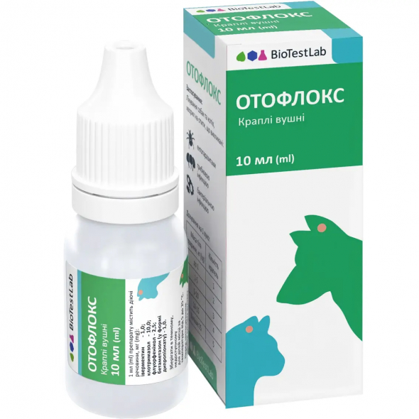BioTestLab Отофлокс Капли ушные от отитов для собак и кошек, 10 мл