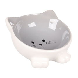 Flamingo Puzi GREY Керамическая миска для кошек в виде кота, серо-белая, 125 мл