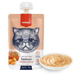 Wanpy крем-пюре лосось і курка з морквою рідкий корм для котів, 90 г