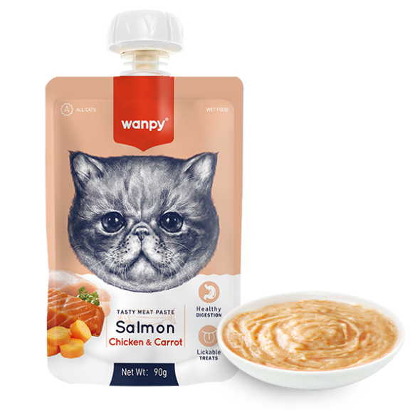 Wanpy крем-пюре лосось і курка з морквою рідкий корм для котів, 90 г