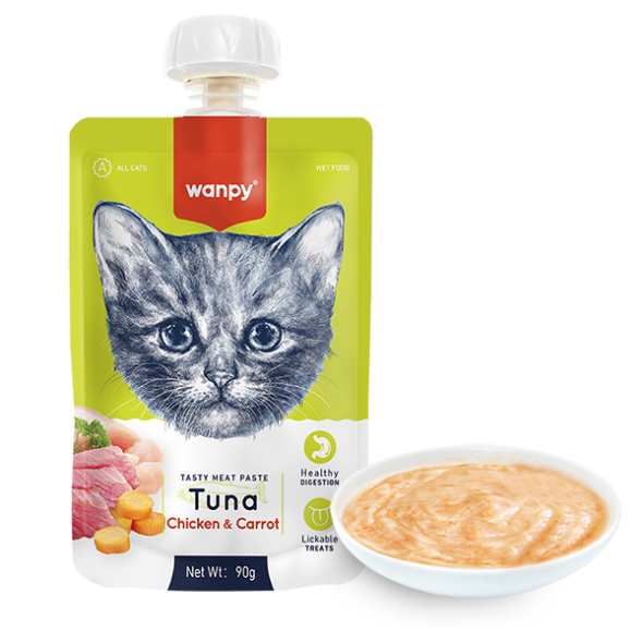 Wanpy крем-пюре тунец и курица с морковью жидкий корм для кошек, 90 г