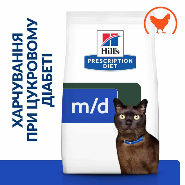 Hill's Prescription Diet m/d Diabetes Care Сухой лечебный корм с курицей для кошек, регулирующий поступление глюкозы при сахарном диабете и при ожирении 1,5 кг - 1