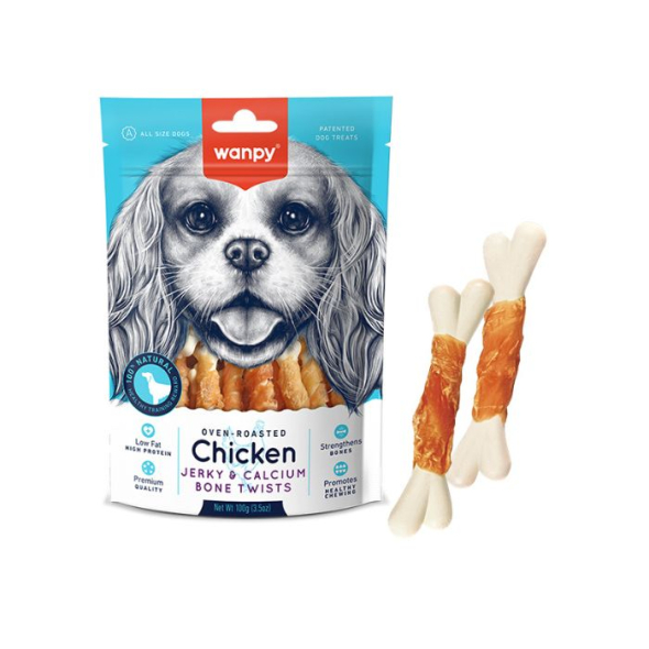 Wanpy Chicken Jerky &amp; Calcium Bone Twists Косточки с вяленой курицей и кальцием для собак, 100 г