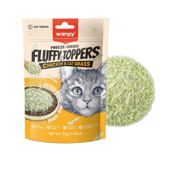 Wanpy Fluffy Toppers Chicken &amp; Cat Grass Сублімовані ласощі-топінг з куркою і котячою травою для котів, 30 г