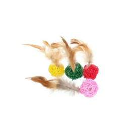 HIPPIE PET Набор игрушек для котов Мячики из ротанга с разноцветными перьями 4 см, 4 шт