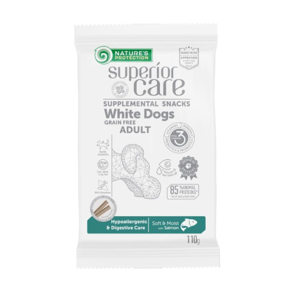 Nature's Protection Superior Care White Dogs Hypoallergenic &amp; Digestive Care Беззернові ласощі для дорослих собак із білим забарвленням з лососем, 110 г