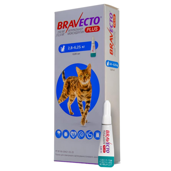 Bravecto Plus (Бравекто Плюс) Краплі від бліх, кліщів і глистів для котів вагою від 2,8 кг до 6,26 кг