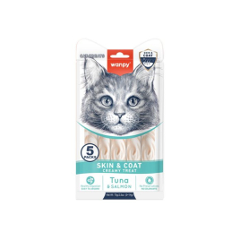 Wanpy Functional Creamy Treat Skin &amp; Coat Кремовое лакомство для кошек с тунцом и лососем для здоровья кожи и шерсти, 5 шт. х 14 г