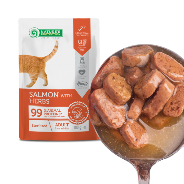 Nature's Protection Adult cats Sterilized Salmon with Herbs Влажный корм для стерилизованных кошек с лососем и травами, 100 г - 7