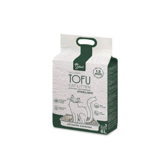 VELVET PAW TOFU Наполнитель туалетов для стерилизованных котов с кокосовым углем, 6 л/2,6 кг