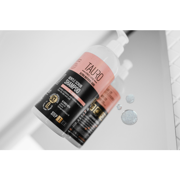 Делікатний шампунь-скраб для шерсті та шкіри собак та котів TAURO PRO LINE Ultra Natural Care Gentle Scrub Shampoo, 400 мл - 4