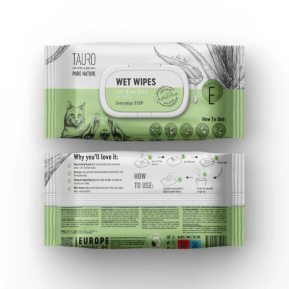 Tauro Pro Line Pure Nature Aloe Vera Вологі серветки для догляду за шерстю, вухами, лапами та носом з екстрактом алое вера, 40 шт - 1